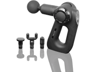 Un pistolet de massage Koenic gris avec accessoires, sur une surface noire réfléchissante.