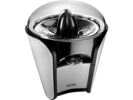 Un presse-agrumes argenté et noir avec un dôme transparent.