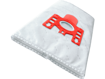 Un sac d'aspirateur blanc avec un accessoire en plastique rouge à une extrémité.