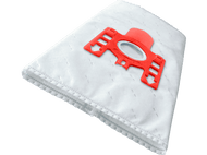 Un sac d'aspirateur blanc avec un accessoire en plastique rouge à une extrémité.