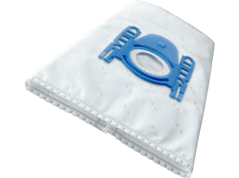 Sac d'aspirateur blanc avec ouverture en plastique bleu et coutures sur les bords.