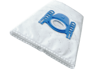 Sac d'aspirateur blanc avec ouverture en plastique bleu et coutures sur les bords.