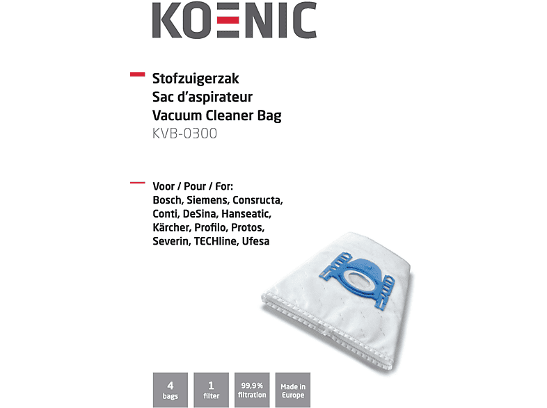 Un sac d'aspirateur blanc avec des accents bleus, texte en plusieurs langues.