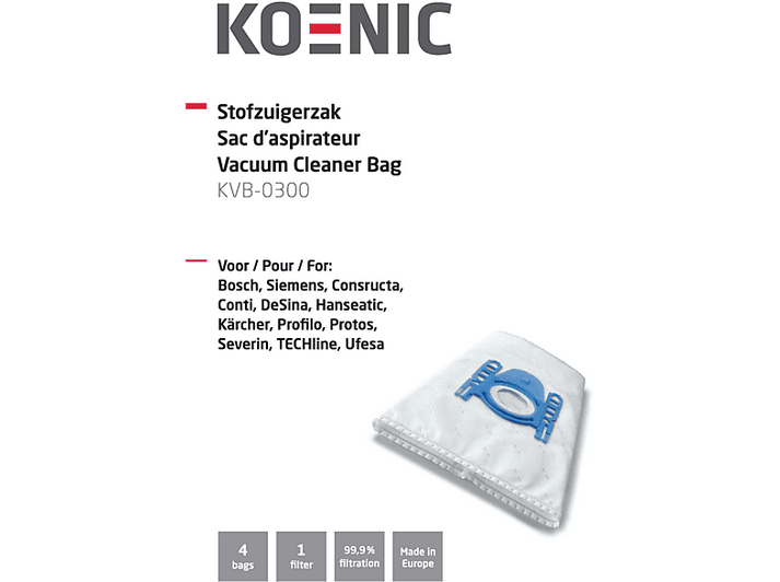 Un sac d'aspirateur blanc avec des accents bleus, texte en plusieurs langues.