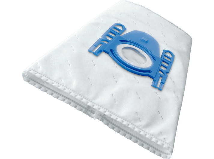 Sac d'aspirateur blanc avec un support en plastique bleu.