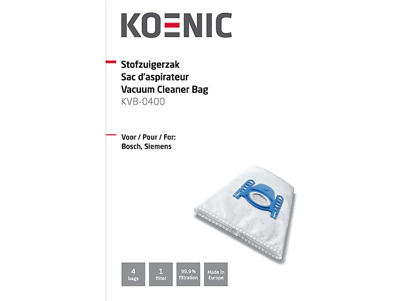 Emballage de sac d'aspirateur. Texte en plusieurs langues. Détails sur les sacs et la filtration.