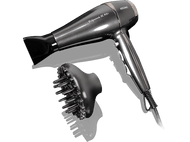 Sèche-cheveux gris avec embout noir. Fixation diffuseur à côté. Fond noir.