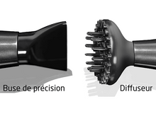 Charger l&#39;image dans la galerie, Buse de précision et diffuseur. Accessoires de sèche-cheveux noirs et gris.
