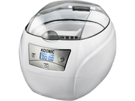 Nettoyeur ultrasonique blanc avec couvercle transparent et affichage numérique. L'appareil a un design élégant et moderne.