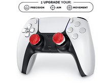 Charger l&#39;image dans la galerie, Manette de jeu blanche et noire avec des embouts de joystick rouges et du texte sur la précision, la visée et le mouvement.
