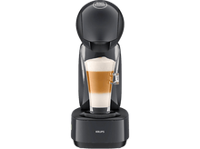 Charger l&#39;image dans la galerie, Cafetière Krups noire avec un verre de café en couches. Sur socle noir, bouton d&#39;alimentation vert.
