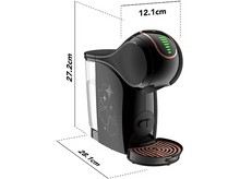 Charger l&#39;image dans la galerie, Machine à café noire avec des accents cuivrés, dimensions indiquées. Comprend un réservoir d&#39;eau, un design latéral et la marque Krups.
