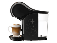 Charger l&#39;image dans la galerie, Une machine à café noire avec une tasse de latte. La machine a un réservoir d&#39;eau et un motif d&#39;étoiles.
