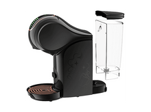 Charger l&#39;image dans la galerie, Machine à café noire avec réservoir d&#39;eau détaché. Comprend des lumières vertes et un plateau cuivré.
