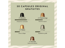 Charger l&#39;image dans la galerie, Capsules de café: Ristretto, Vienna Lungo, Volluto, Cosi, Nocciola. Texte: 50 Capsules Original Gratuites.
