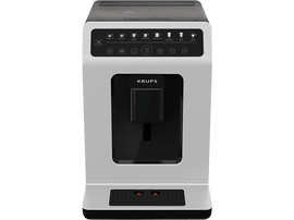 Machine à café automatique Krups. Façade argentée, dessus noir, boutons pour divers types de café et un écran.