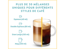 Charger l&#39;image dans la galerie, Diagramme des tailles de café : Espresso, Double Espresso, Gran Lungo, Mug, avec une tasse de café.
