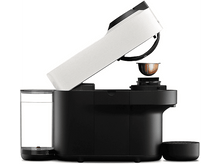 Charger l&#39;image dans la galerie, Machine à café noire et blanche, ouverte, avec capsule de café insérée.
