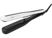 Charger l&#39;image dans la galerie, Lisseur de cheveux blanc et noir, ouvert, avec la marque L&#39;Oréal et Rowenta.

