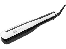 Charger l&#39;image dans la galerie, Lisseur de cheveux blanc et noir. Le dessus est blanc et le dessous noir avec une poignée.
