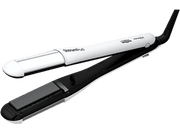 Voir tous les Lisseur de cheveux blanc et noir, ouvert. SteamPod. Fond noir.