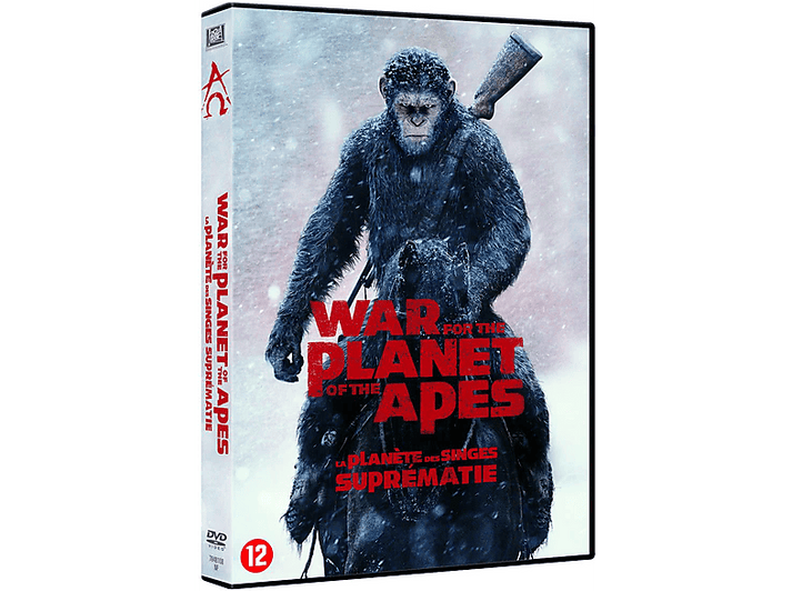 Boîtier DVD de 'La Planète des Singes'. Singe sur la couverture, arme. Fond de neige.
