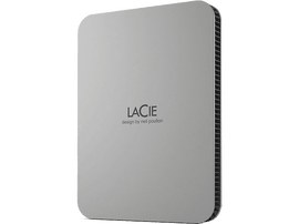 Disque dur externe argenté avec le logo LaCie et les mots design by neil poulton.