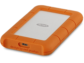 Disque dur externe Lacie orange avec centre argenté et texte "design by neil poulton".