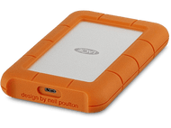 Disque dur externe Lacie orange avec centre argenté et texte 