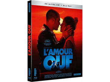 Un boîtier de DVD de film avec deux hommes s'embrassant sur la couverture, avec des teintes rouges et oranges.