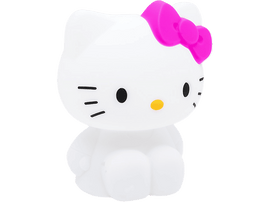 Lampe Hello Kitty blanche avec un nœud rose et yeux, nez et moustaches noirs.