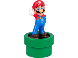 Figurine de Mario sur un tuyau vert. Mario lève le pouce, vêtu de sa tenue classique.