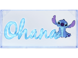 Un néon bleu indiquant "Ohana" avec un dessin de Stitch de Lilo & Stitch.