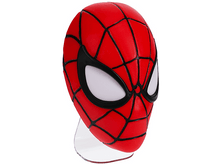 Charger l&#39;image dans la galerie, Masque de Spider-Man sur un support transparent, rouge et noir. Yeux blancs et détails de toile.
