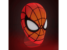 Charger l&#39;image dans la galerie, Un masque de Spider-Man sur un support, rouge avec des toiles noires et des lentilles blanches.
