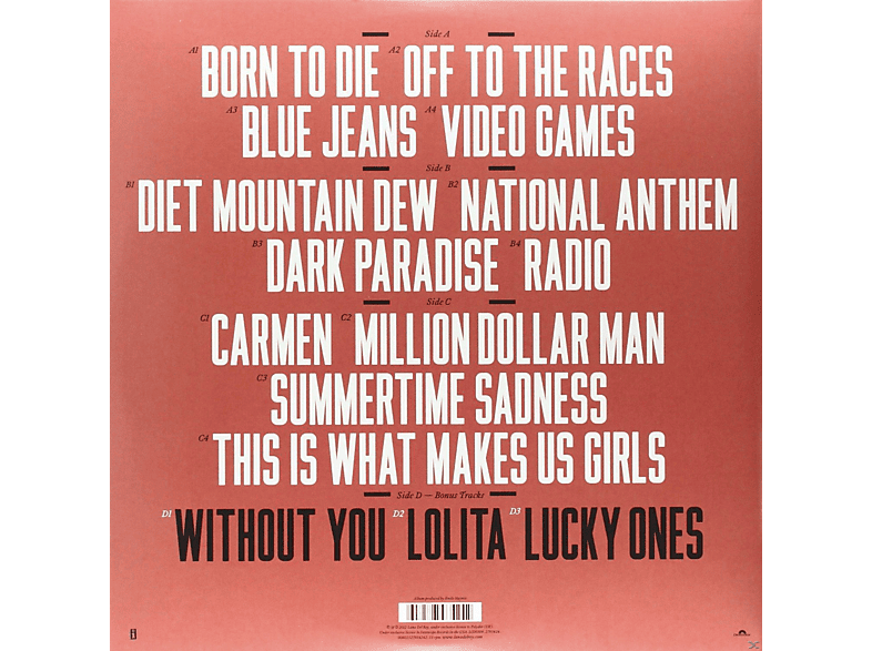 Pochette d'album avec titres de chansons : Born to Die, Off to the Races, Blue Jeans, Video Games, et plus.