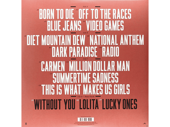 Pochette d'album avec titres de chansons : Born to Die, Off to the Races, Blue Jeans, Video Games, et plus.