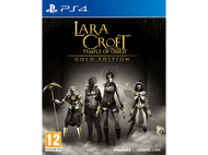 Jaquette de jeu PS4 : Lara Croft, quatre personnages, texte doré et fond égyptien.