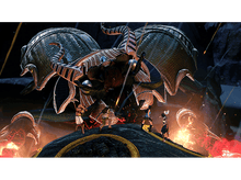 Charger l&#39;image dans la galerie, Scène de jeu vidéo avec des personnages combattant une grande créature aux yeux multiples sur une plateforme.
