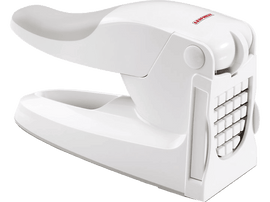 Coupe-pommes de terre blanc et gris avec une grille de coupe. Le nom de la marque Leifheit est visible.