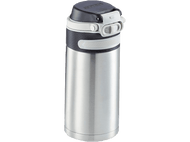 Bouteille d'eau isolée argentée et noire avec un couvercle gris.