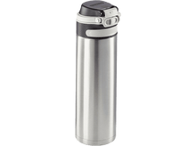 Charger l&#39;image dans la galerie, Bouteille d&#39;eau isolée en acier inoxydable. Couvercle noir, accent blanc. Vertical, isolé, fond noir.
