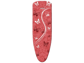 Table à repasser avec fond rouge et papillons blancs. Design incurvé blanc sur la table.