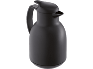 Une carafe isotherme noire, isolée sur fond blanc, avec une poignée et un bec verseur.