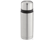 Bouteille d'eau isotherme argentée avec une bande noire au milieu et un bouchon noir.