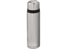 Charger l&#39;image dans la galerie, Une bouteille thermos argentée brillante. Elle a une bande noire en haut et un couvercle noir.
