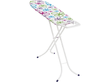 Charger l'image dans la galerie, Une planche à repasser pliante blanche avec un motif floral sur le dessus, debout sur un fond blanc.
