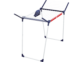 Étendage bleu et blanc, vide.