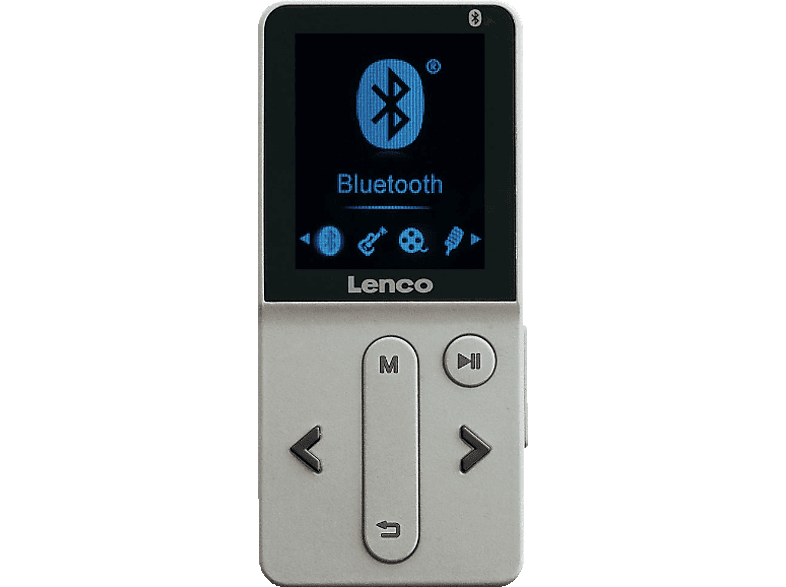 Lecteur MP3 Bluetooth Lenco. L'écran affiche un symbole Bluetooth. Boutons de contrôle visibles.