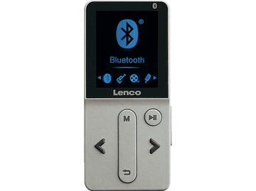 Lecteur MP3 Bluetooth Lenco. L'écran affiche un symbole Bluetooth. Boutons de contrôle visibles.